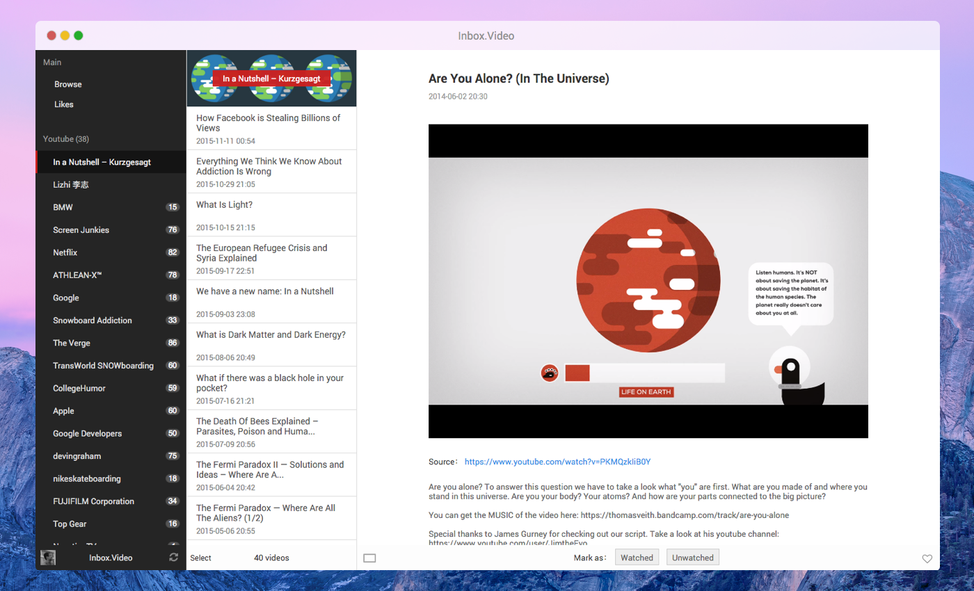 Inbox.Video: channels, video list and player in three columns